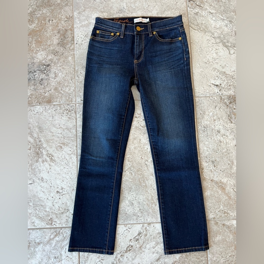 Tory Burch Pardon My French Mid-Rise Straight-Leg Denim Jean, Dark Blue Wash, 24